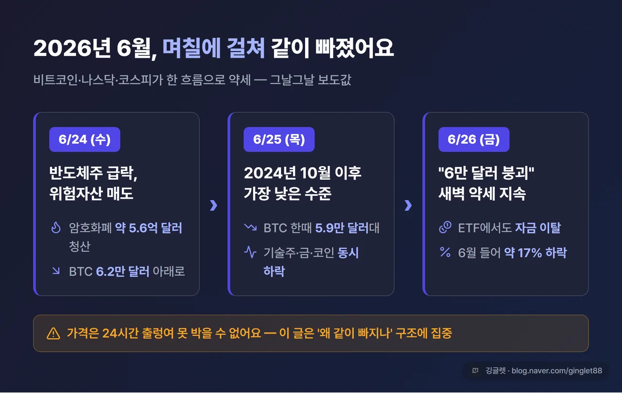 6월 동반하락 사례 타임라인 - 6/24 약 5.6억달러 청산·BTC 6.2만 붕괴 → 6/25 BTC 5.9만(2024.10 이후 최저) → 6/26 “6만달러 붕괴”, 각 항목에 날짜 라벨, 인디고 카드