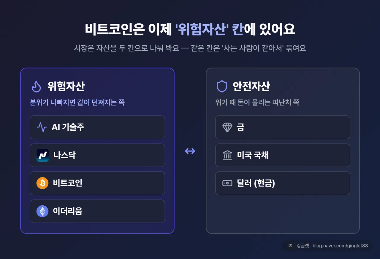 위험자산 vs 안전자산 분류 카드 - 위험자산[AI 기술주·나스닥·비트코인·이더리움] ↔ 안전자산[금·미국 국채·달러(현금)], “같이 빠지는 쪽 / 피난처 쪽” 대비, 인디고/그레이 2분할