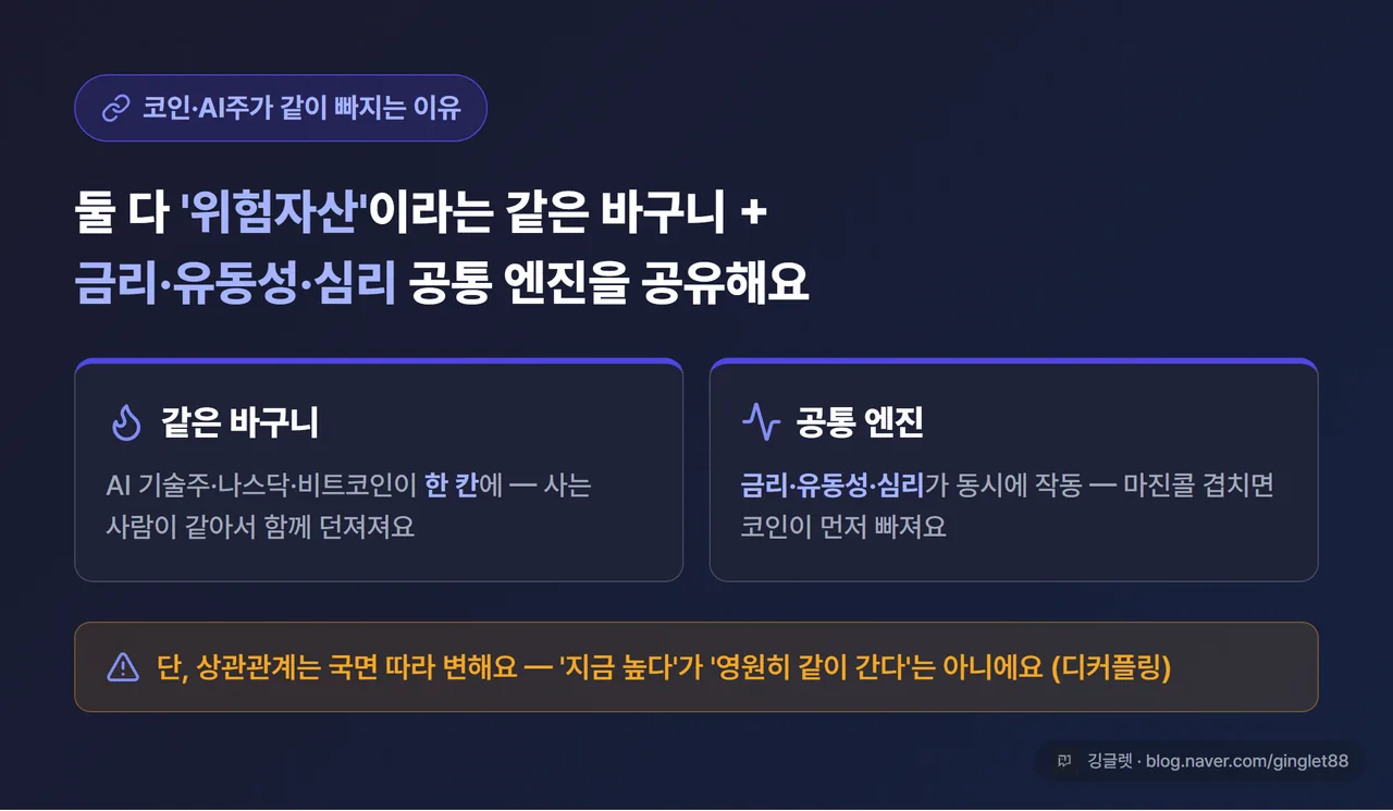 마무리 요약 카드 - “코인·AI주가 같이 빠지는 이유 = 같은 위험자산 바구니 + 금리·유동성·심리 공통 엔진”, 작은 글씨로 “단, 상관관계는 국면 따라 변함(디커플링)”, 인디고 다크 카드
