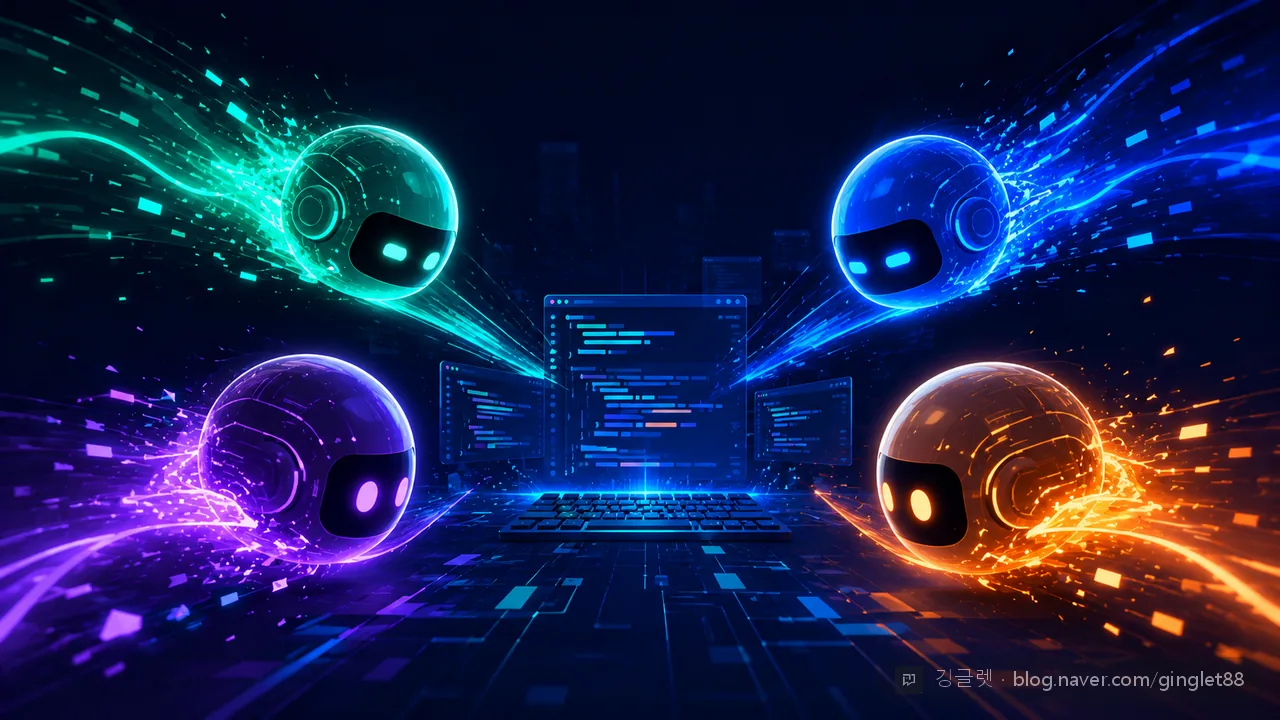 네 개의 AI 구체가 같은 코딩 무대로 모여드는 빅테크 4파전 컨셉 일러스트