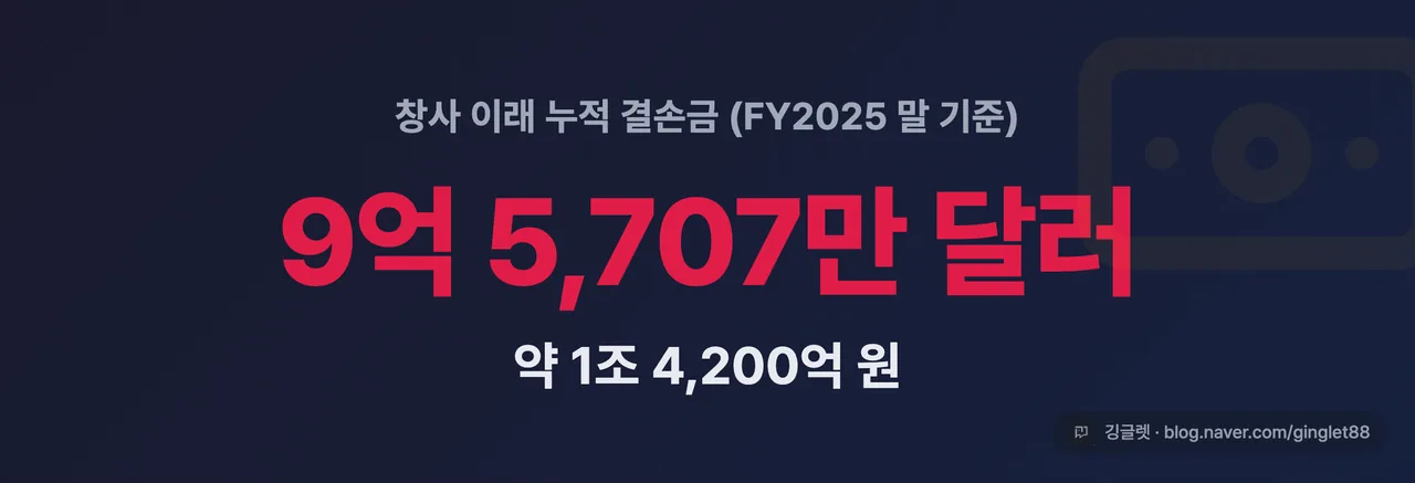 창사 이래 누적 결손금 — 9억 5,707만 달러(약 1조 4,200억 원, FY2025 말 기준)