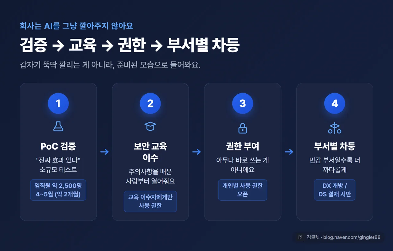 인포그래픽 - 회사 AI 도입 4단계 흐름도. ①PoC 검증(2,500명·4~5월) → ②보안 교육 이수 → ③권한 부여 → ④부서별 차등(DX 개방 / DS 결재 시만). 화살표로 연결