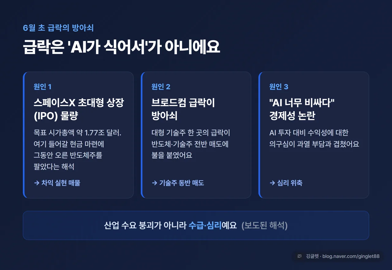 급락 원인 3가지 카드 - ① 스페이스X IPO 물량(목표 시총 약 1.77조 달러) ② 브로드컴 급락이 방아쇠 ③ “AI 너무 비싸다” 경제성 논란. 하단 캡션 “산업 수요 붕괴가 아니라 수급·심리 (보도된 해석)”. 베이스 #2563EB