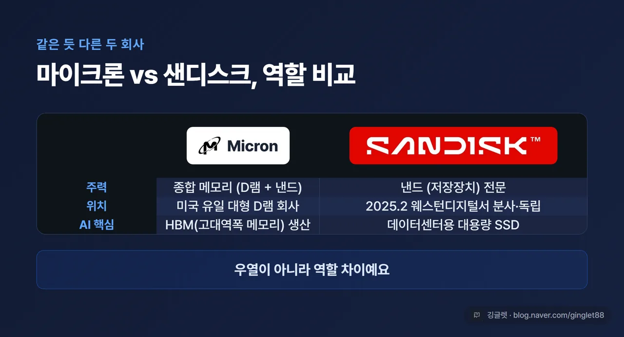 비교표 - 마이크론 vs 샌디스크 역할 비교. 마이크론: 종합 메모리(D램+낸드)·미국 유일 대형 D램·HBM 생산 / 샌디스크: 낸드(저장장치) 전문·2025.2 웨스턴디지털서 분사 독립. 표 아래 한 줄 “우열이 아니라 역할 차이예요”. 로고 마이크론·샌디스크 병기. 베이스 #2563EB