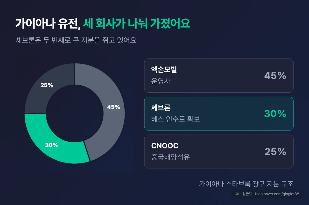 가이아나 스타브룩 광구 지분 파이차트 - 엑손모빌 45%(운영사)·셰브론 30%·CNOOC 25%, 셰브론 조각 강조