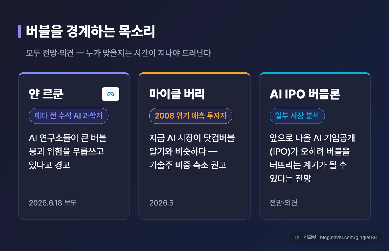 회의론 측 인물·기관 카드 3개 - ① 얀 르쿤(메타 전 수석 AI 과학자): 큰 버블 붕괴 위험 경고 ② 마이클 버리: 닷컴 말기와 유사 ③ AI IPO가 버블 터뜨릴 수 있다는 전망, 각 인물에 한 줄 설명