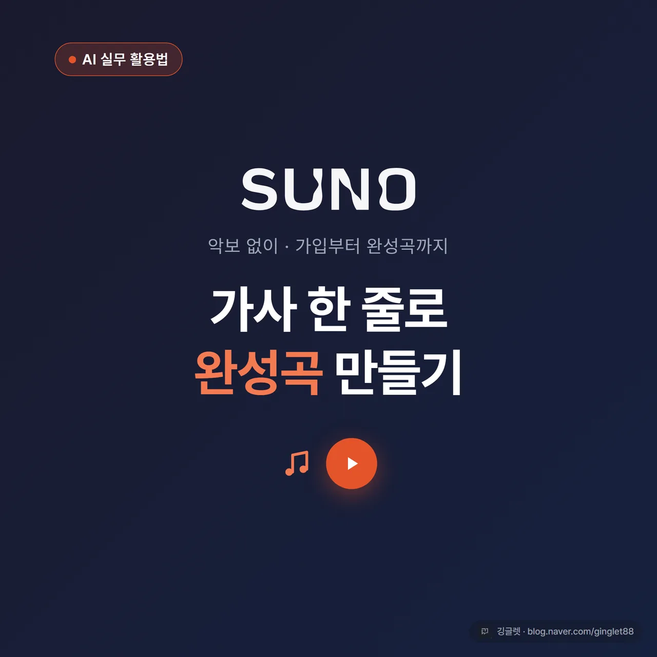 썸네일 - 수노(Suno) 로고와 “가사 한 줄로 완성곡 만들기” 텍스트, 네이비 배경에 음표·재생 버튼 그래픽, 포인트 그린