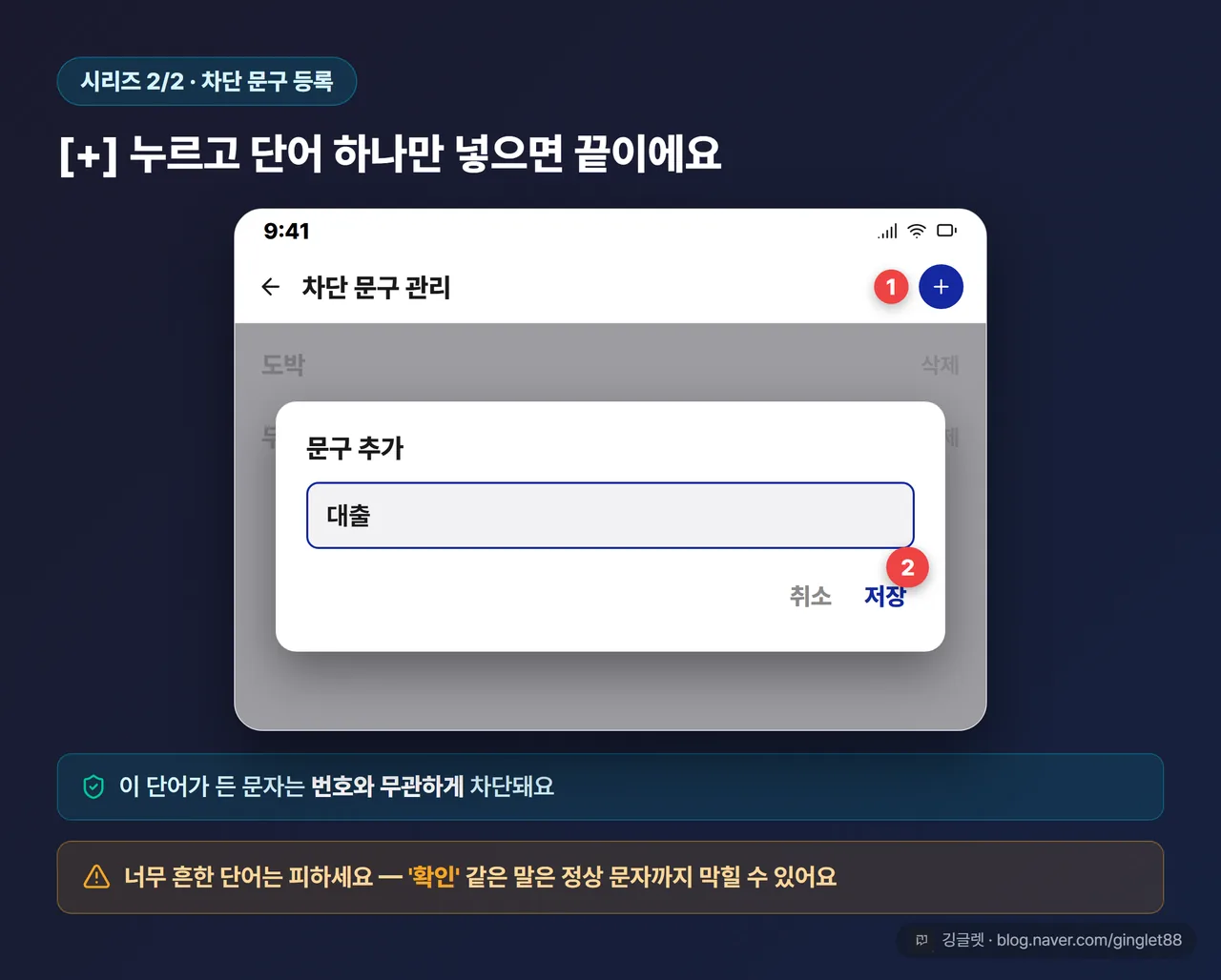 갤럭시 ‘차단 문구 관리’ 입력 화면 UI 목업 (시리즈 2/2) — [+] 버튼 강조, 입력창에 ‘대출’ 입력 예시, 저장 버튼, “이 단어가 든 문자는 번호와 무관하게 차단” 콜아웃