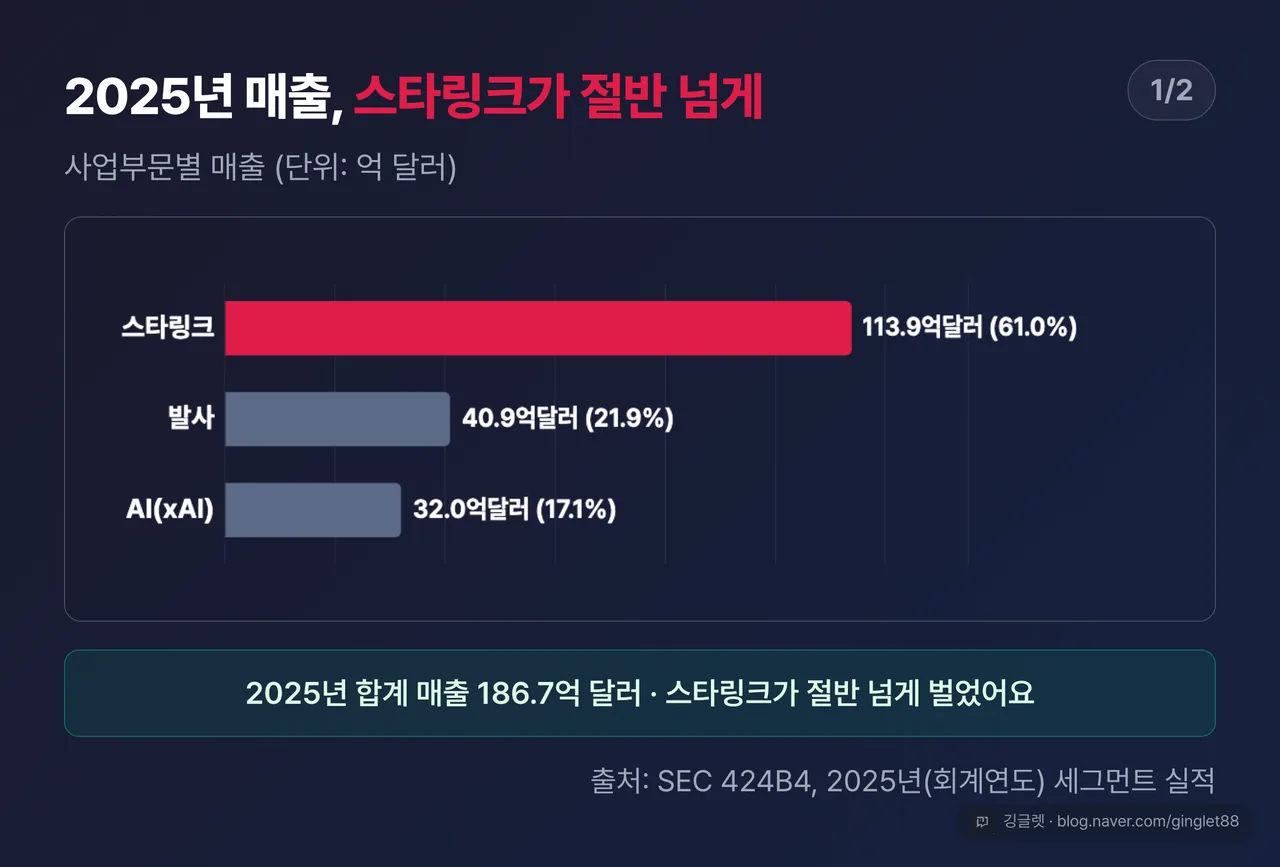 2025년 세그먼트별 매출 가로 막대 (시리즈 1/2) — 스타링크 113.9억달러(61.0%) / 발사 40.9억달러(21.9%) / AI 32.0억달러(17.1%), 합계 186.7억달러 표기