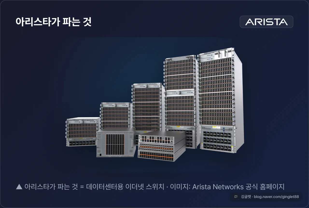아리스타 스위치 제품군 실물 컷 - 소스=공식 홈페이지(research §5 후보1, Product Platforms Family 800x520). 카드로 감싸고 “아리스타가 파는 것 = 데이터센터용 이더넷 스위치” 캡션