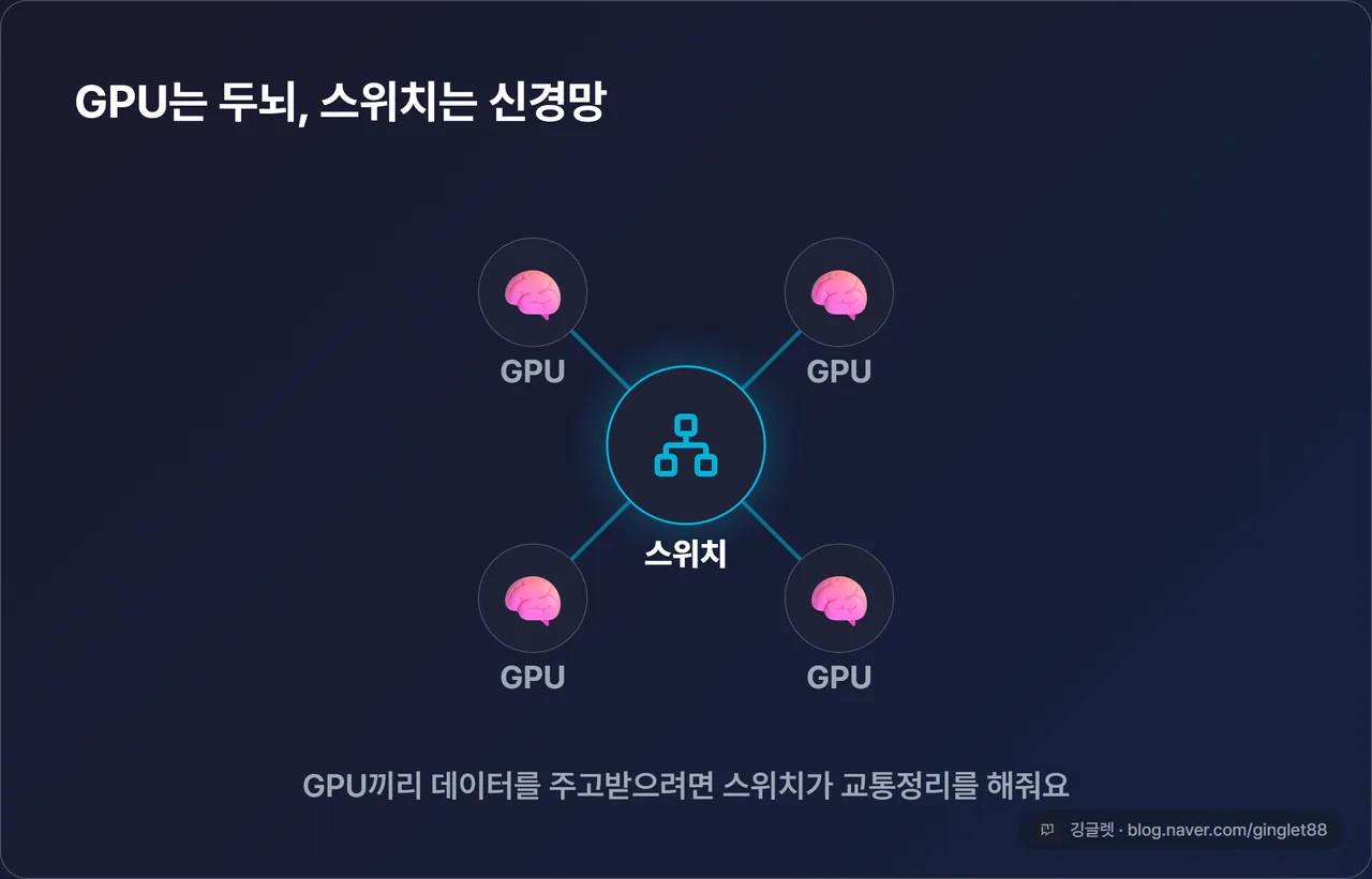 GPU=두뇌·스위치=신경망 개념도 - GPU 여러 개가 스위치를 중심으로 연결된 다이어그램, “GPU끼리 데이터를 주고받으려면 스위치가 교통정리” 한 줄 캡션