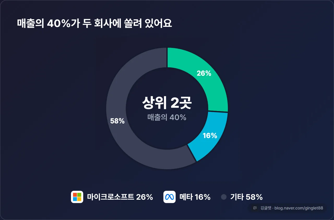 고객 집중 도넛 차트 - 마이크로소프트 26%·메타 16%·기타 58%, 가운데 “상위 2곳 = 매출의 40%” 강조 (2025년 기준)