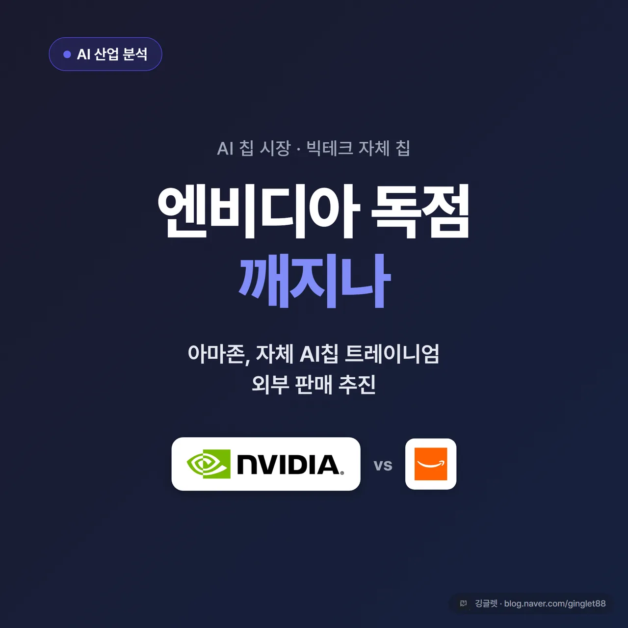 썸네일 - 네이비 배경에 큰 글씨 “엔비디아 독점 깨지나”와 작은 글씨 “아마존 트레이니엄 외부 판매 추진”, 인디고(#4F46E5) 포인트, 칩 아이콘