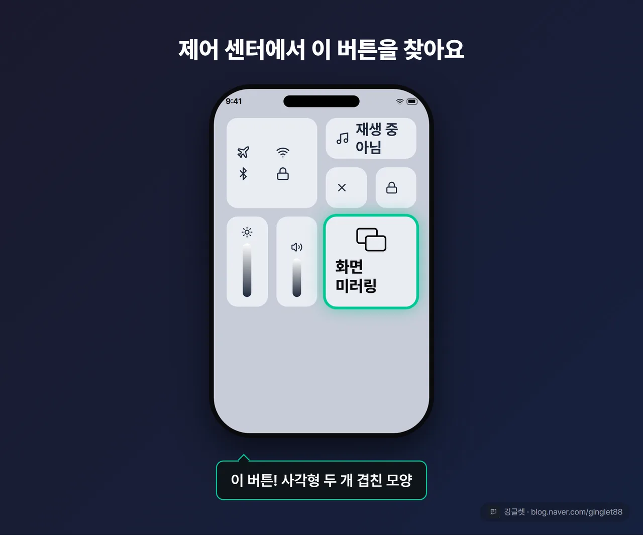 역할=쇼피스 | 제어 센터 그리드 목업. 밝기·소리·기내모드 등 실제 제어 센터 아이콘들 사이에 ‘화면 미러링’ 아이콘(사각형 두 개가 겹친 모양)을 배치하고, 그 아이콘에 굵은 콜아웃 원+말풍선 “이 버튼! 사각형 두 개 겹친 모양”