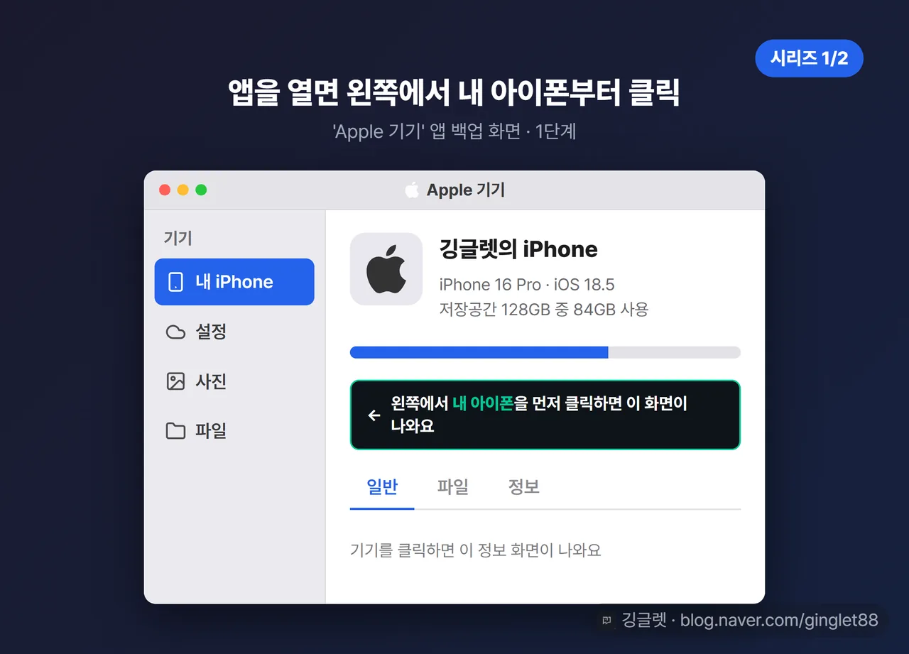 Apple 기기’ 앱 백업 화면 UI 목업 (시리즈 1/2) — 왼쪽 사이드바 기기 선택 + 상단 기기 정보(모델·iOS·저장공간) 강조, “여기서 내 아이폰을 클릭” 콜아웃