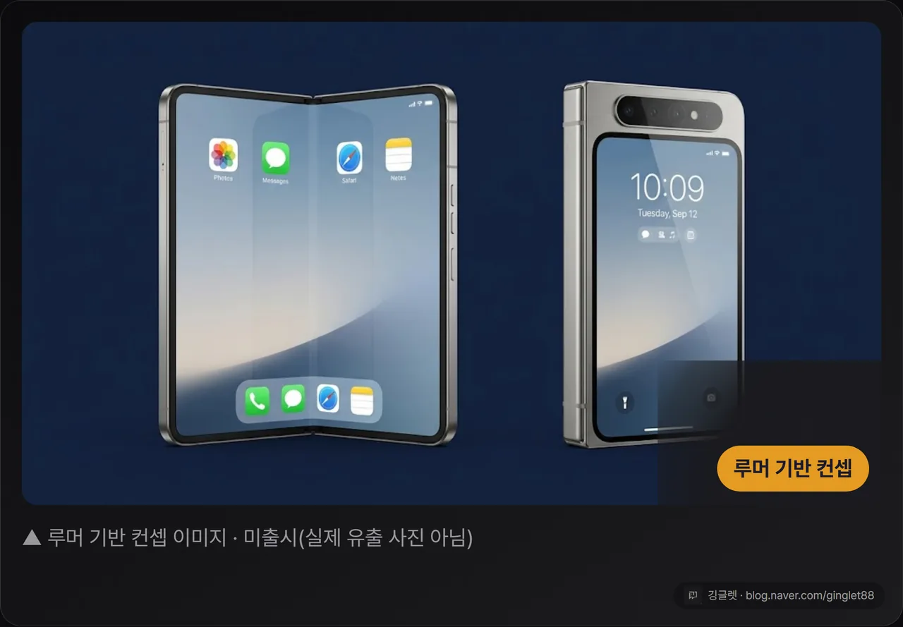 첫 폴더블 아이폰 예상 컨셉 이미지 — 루머 기반 컨셉(미출시·실제 유출 아님)