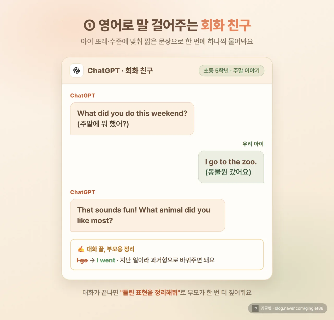 회화 롤플레이 예시 - ChatGPT가 “What did you do this weekend?“로 짧게 물어보고, 아이 답변 뒤 틀린 표현 정리해주는 대화 화면 목업, 웜톤