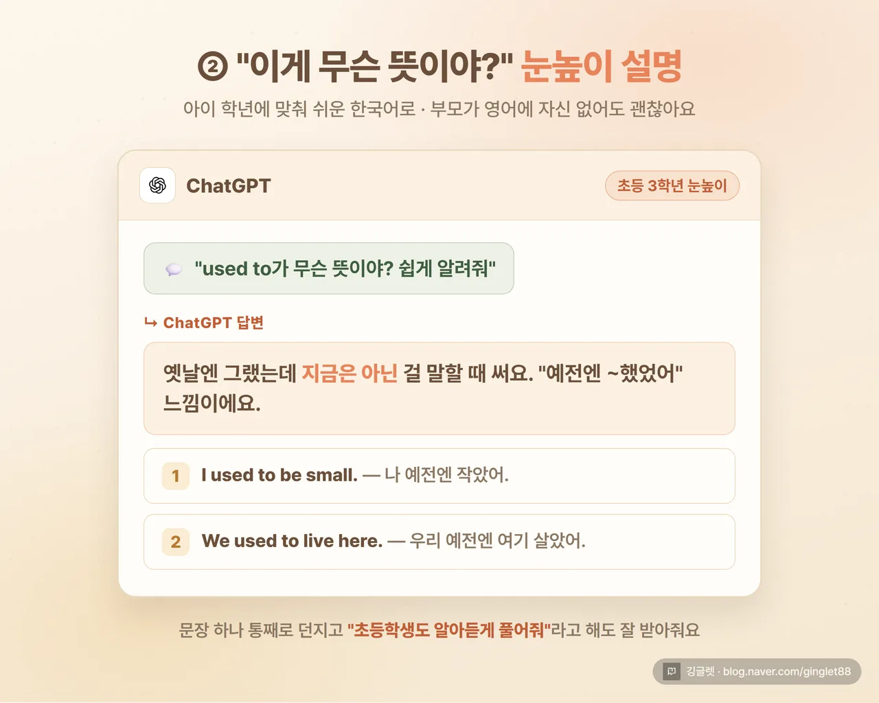 눈높이 설명 예시 - “used to가 무슨 뜻이야?” 질문에 ChatGPT가 쉬운 한국어 + 예문 2개로 답하는 화면 목업, 웜톤
