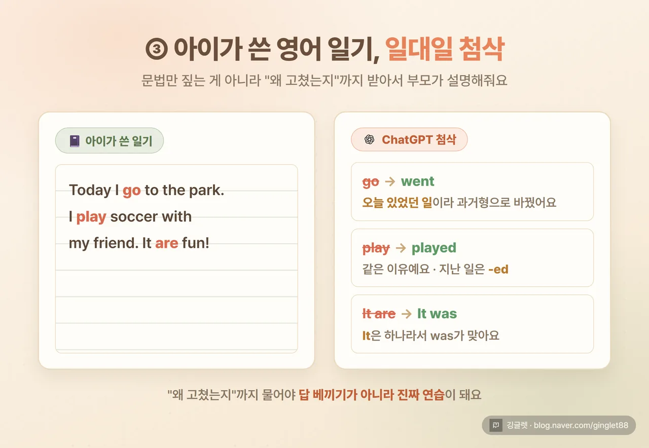영어 일기 첨삭 예시 - 아이가 쓴 짧은 영어 일기에 ChatGPT가 빨간 교정 + 자연스러운 표현 제안 + 이유 설명을 단 화면 목업, 웜톤