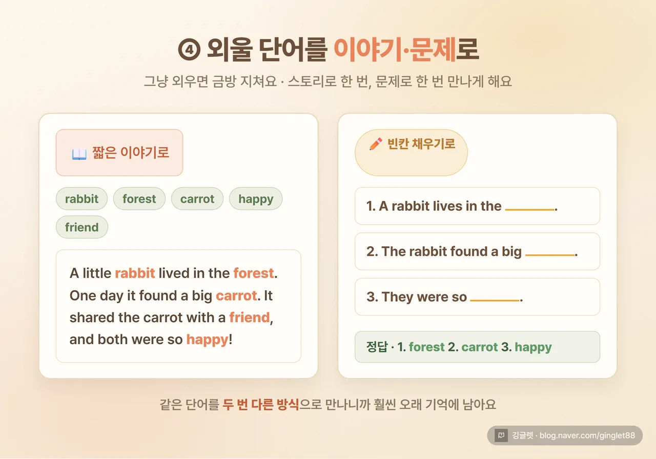 단어 스토리 예시 - 영어 단어 10개가 들어간 짧은 동화 같은 이야기 + 빈칸 채우기 문제 화면 목업, 웜톤