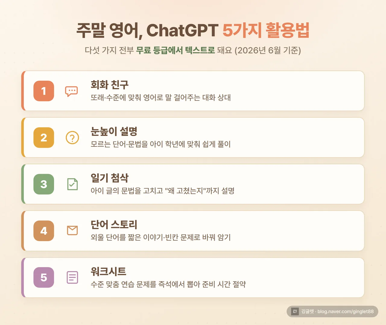 인포그래픽 - 5가지 활용법 카드. 회화 친구 / 눈높이 설명 / 일기 첨삭 / 단어 스토리 / 워크시트, 아이콘 + 한 줄 설명, 웜톤 5칸 카드