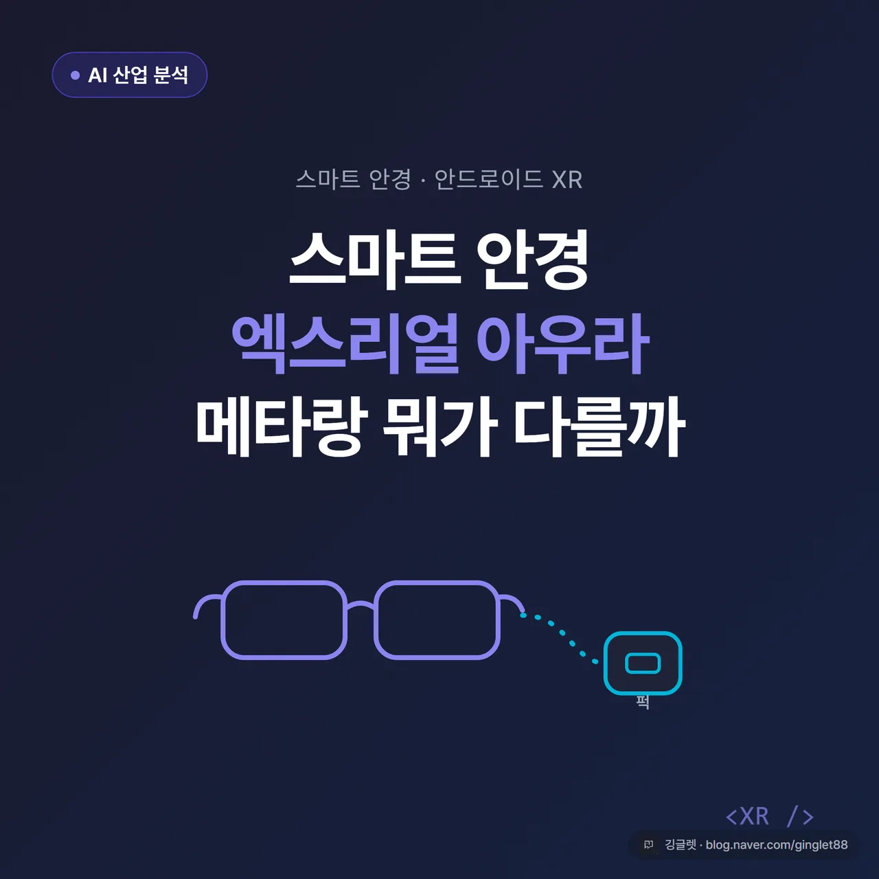 썸네일 - 네이비 배경에 “스마트 안경 엑스리얼 아우라” 큰 글씨 + 작은 칩 배지 “AI 산업 분석”, 안경 본체와 별도 퍽(puck)을 케이블로 연결한 실루엣 일러스트