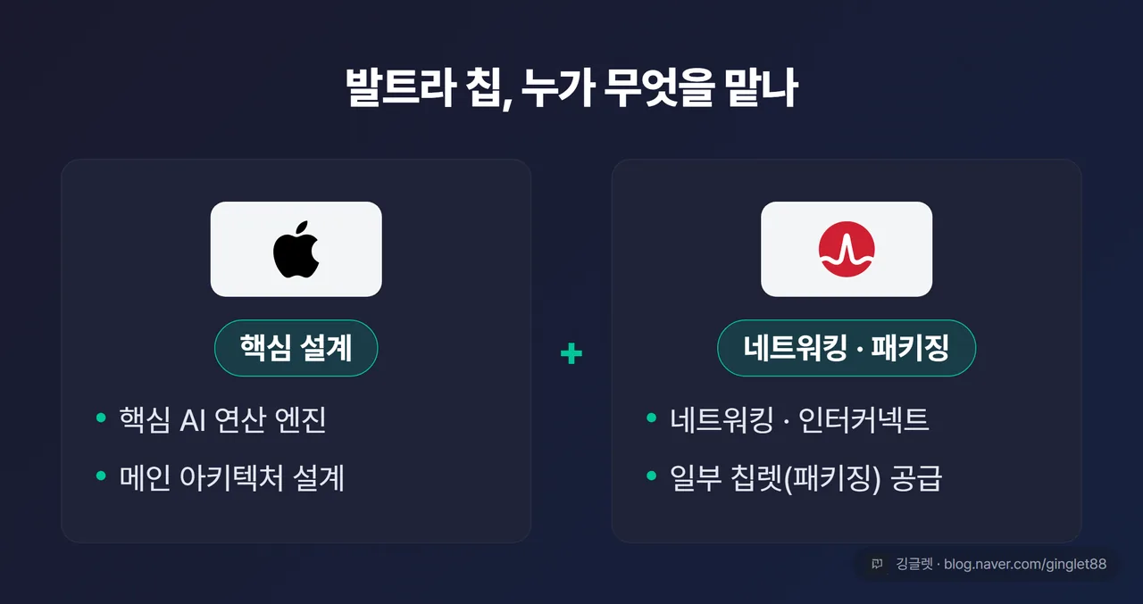발트라 칩 역할 분업 — 애플(핵심 설계) · 브로드컴(네트워킹·패키징)