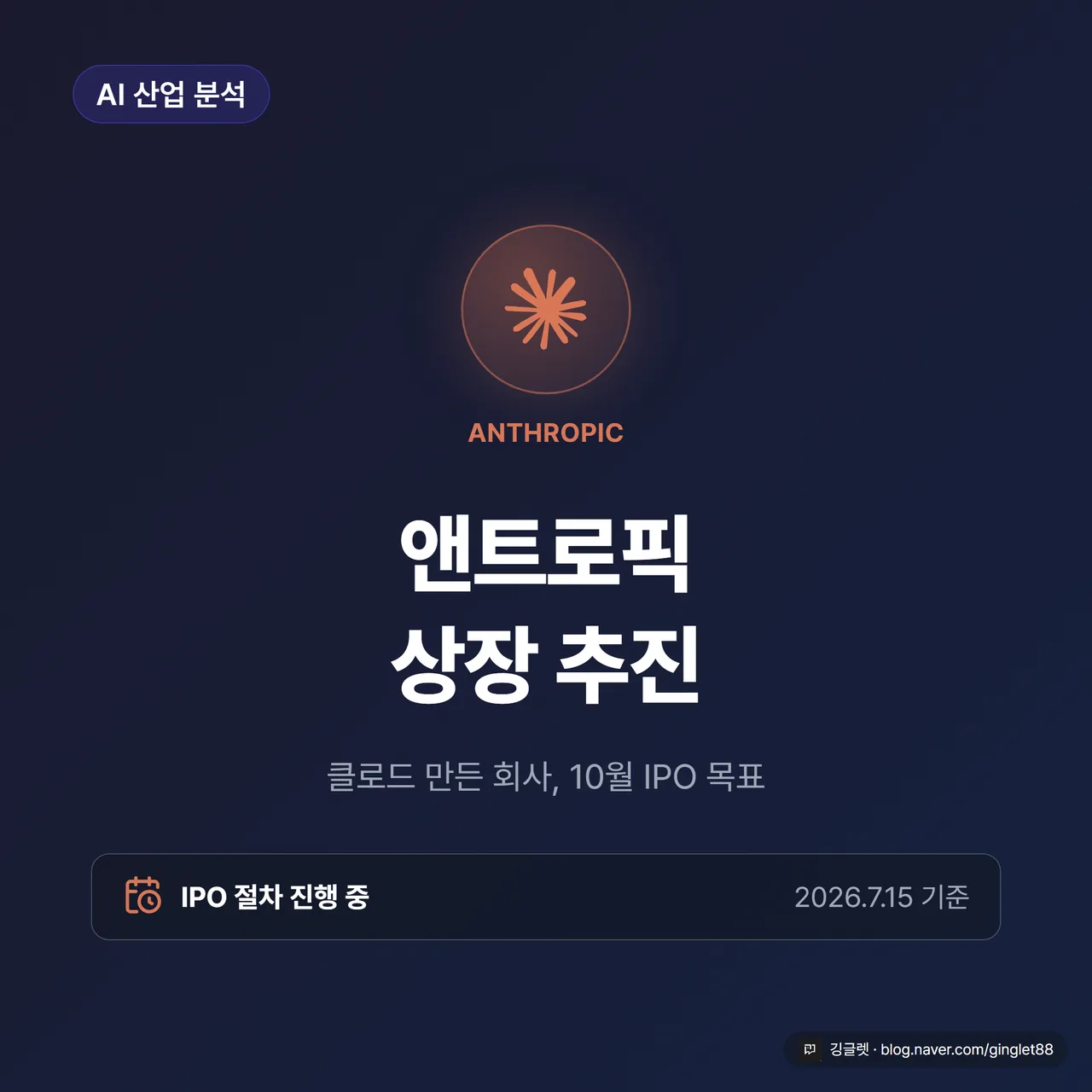 썸네일 - 다크 네이비 배경 + 상단 ‘AI 산업 분석’ 칩 + 큰 제목 ‘앤트로픽 상장 추진’ + 서브 ‘클로드 만든 회사, 10월 IPO 목표’. 앤트로픽 로고는 코랄(#DA7756) 칩으로 처리(앤트로픽 AI 로고 금지 규칙), 나스닥 상장 느낌의 비주얼 액센트. 로고 사용 시 image-guide 저작권·처리 규칙 적용