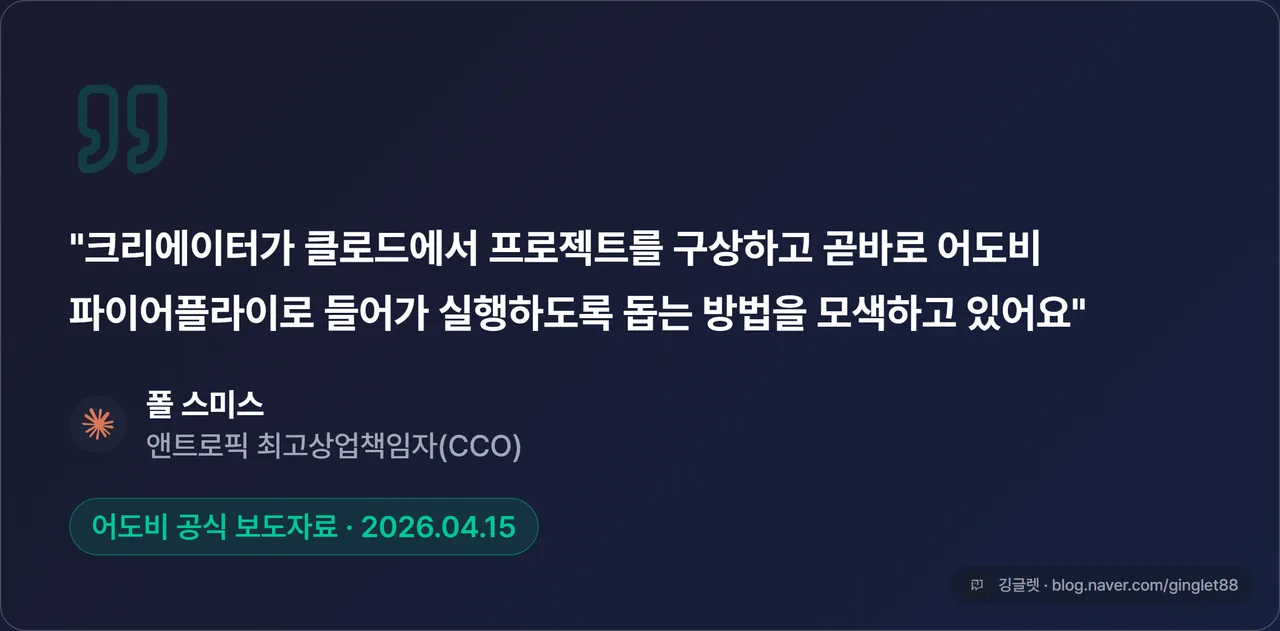 역할=쇼피스 | 앤트로픽 최고상업책임자(CCO) 폴 스미스 코멘트 인용 카드 — “크리에이터가 클로드에서 구상하고 곧바로 어도비 파이어플라이로 들어가 실행하도록 돕는 방법을 모색하고 있다” + 출처 배지 “어도비 공식 보도자료(2026.04.15)”