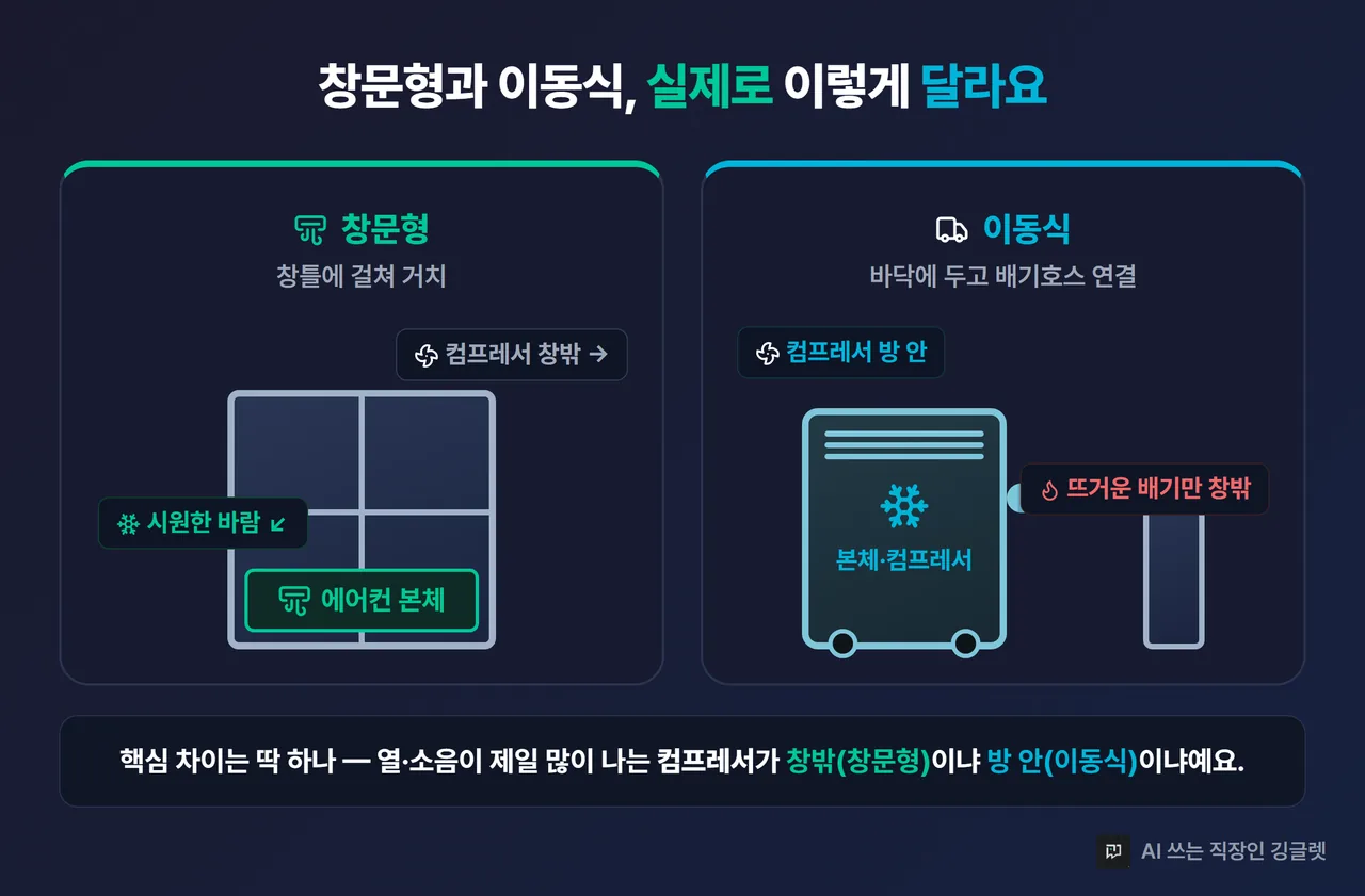 창문형(창틀 거치)과 이동식(바퀴+배기호스) 에어컨을 나란히 놓은 제품 실물 히어로 컷