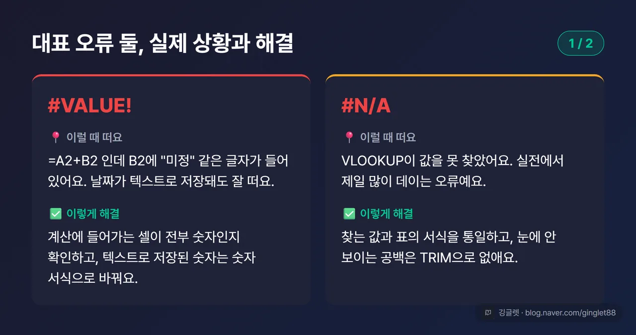 #VALUE!·#N/A 두 오류의 “재현 상황 vs 해결”을 나란히 보여주는 2칸 카드