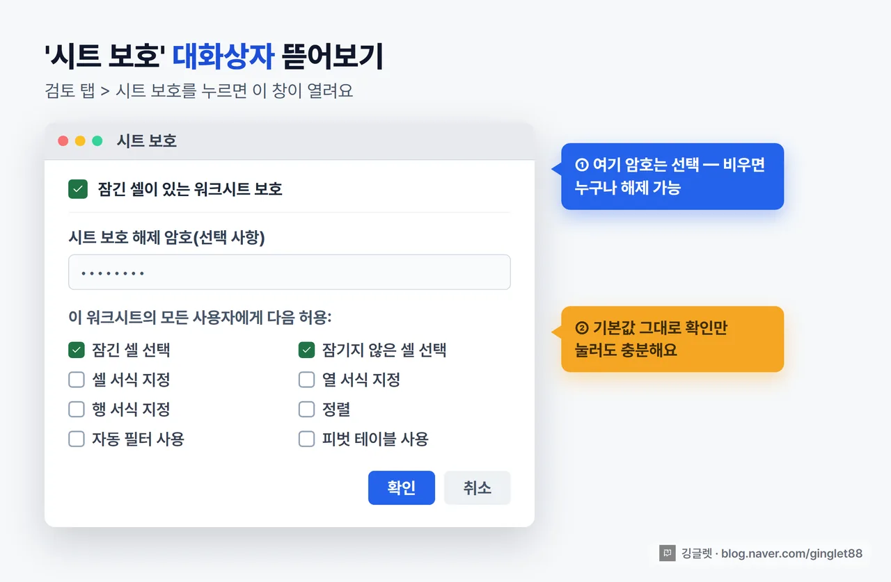 역할=흐름 | ‘시트 보호’ 대화상자 UI 목업. 최상단 ☑ “잠긴 셀이 있는 워크시트 보호”, 아래 “시트 보호 해제 암호: [____]” 입력칸(콜아웃 “① 여기 암호는 선택 — 비우면 누구나 해제 가능”), 그 아래 “이 워크시트의 모든 사용자에게 다음 허용” 체크리스트(☑ 잠긴 셀 선택·☑ 잠기지 않은 셀 선택은 기본 켜짐, ☐ 셀 서식·열 서식·정렬·자동 필터 등은 꺼짐)에 콜아웃 “② 무엇을 허용할지 고르는 곳 — 기본값 그대로 확인만 눌러도 충분”, 하단 [확인][취소]