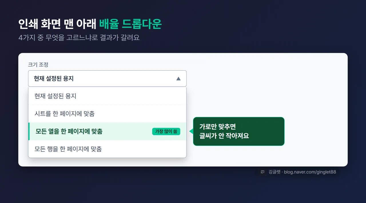 UI 목업 - 인쇄 화면(Ctrl+P) 왼쪽 설정 패널 맨 아래 배율 드롭다운이 열린 모습. 4개 옵션(“현재 설정된 용지” / “시트를 한 페이지에 맞춤” / “모든 열을 한 페이지에 맞춤” / “모든 행을 한 페이지에 맞춤”)을 그대로 표시하고, “모든 열을 한 페이지에 맞춤”에 콜아웃 “가로만 맞추면 글씨가 안 작아져요”