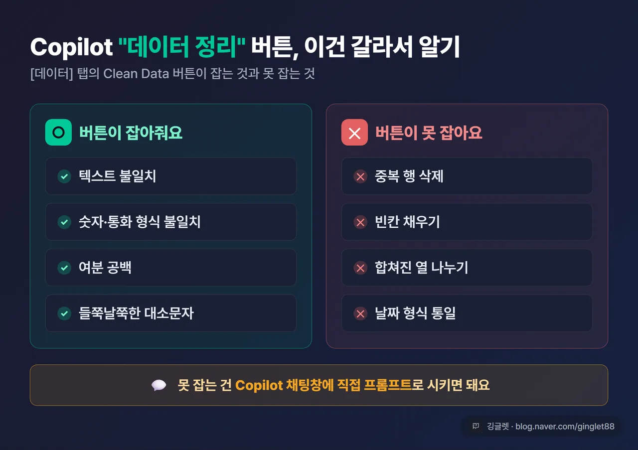 인포그래픽 - “데이터 정리 버튼이 잡는 것 / 못 잡는 것” 양분 카드. 잡음: 텍스트 불일치·숫자/통화 형식·여분 공백·대소문자 / 못잡음: 중복 행 삭제·빈칸 채우기·열 나누기·날짜 통일, 좌우 색 구분, 우하단 워터마크
