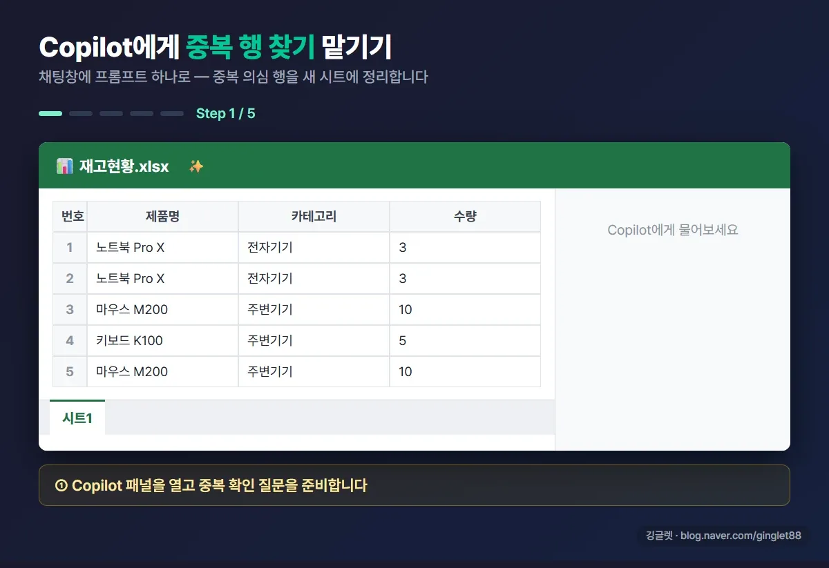Copilot 채팅창에서 중복 행을 찾아 새 시트에 정리하는 5단계 과정 애니메이션