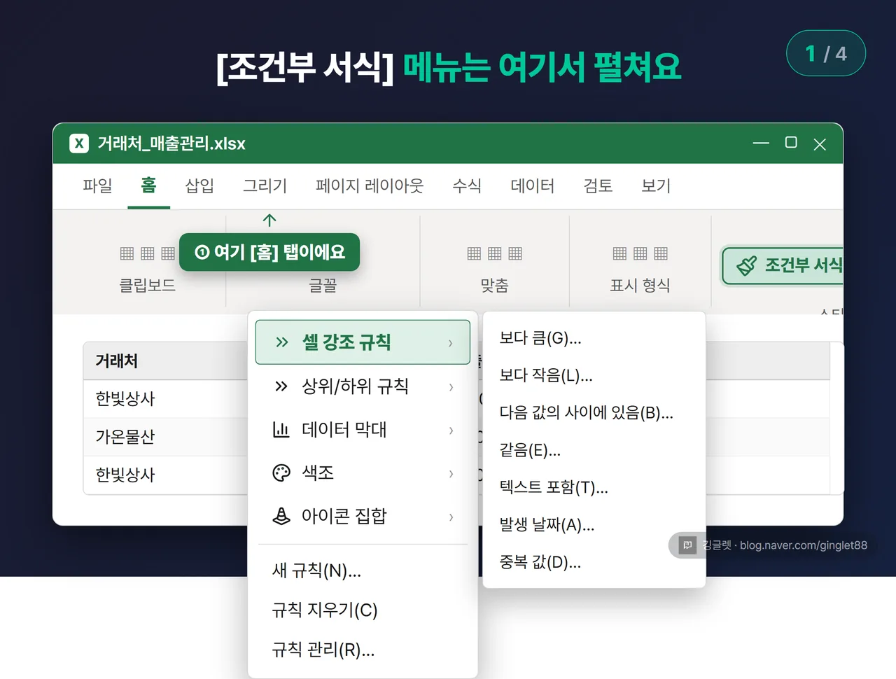 [조건부 서식] 메뉴 펼침 UI 목업 (시리즈 1/4) — 리본 [홈] 탭 강조 → [스타일] 그룹의 [조건부 서식] 버튼 클릭 → 아래로 펼쳐진 6묶음 메뉴(셀 강조 규칙 ▸ / 상위·하위 규칙 ▸ / 데이터 막대 ▸ / 색조 ▸ / 아이콘 집합 ▸ / 새 규칙·규칙 지우기·규칙 관리). [셀 강조 규칙]에 마우스 올려 서브메뉴(보다 큼/보다 작음/사이/같음/텍스트 포함/발생 날짜/중복 값) 펼쳐진 상태. 콜아웃 “① 여기 [홈] 탭이에요”