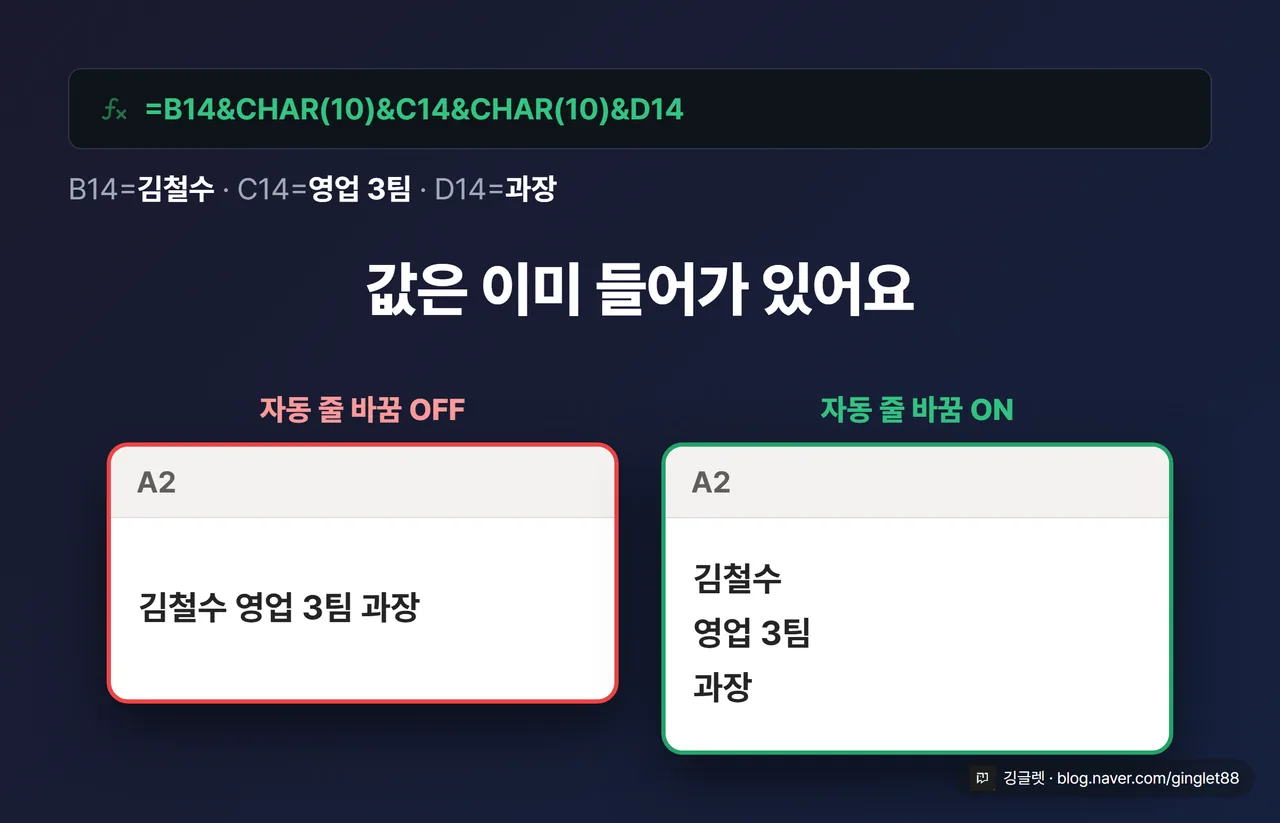 같은 수식, 다른 결과 — 값은 이미 들어가 있어요, 자동 줄 바꿈 OFF와 ON 비교
