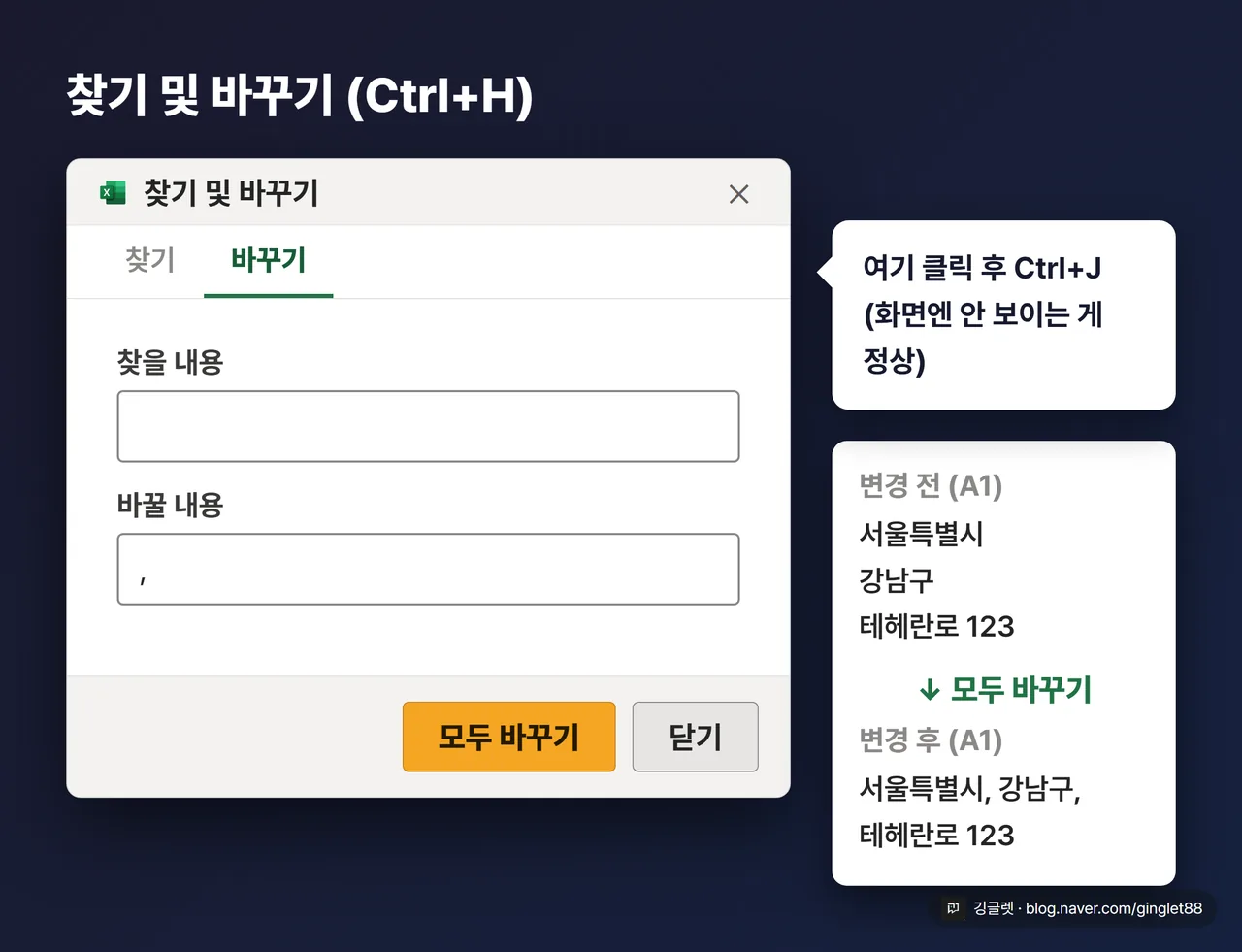 찾기 및 바꾸기(Ctrl+H)로 줄바꿈 없애기 — 찾을 내용에 Ctrl+J 넣는 법