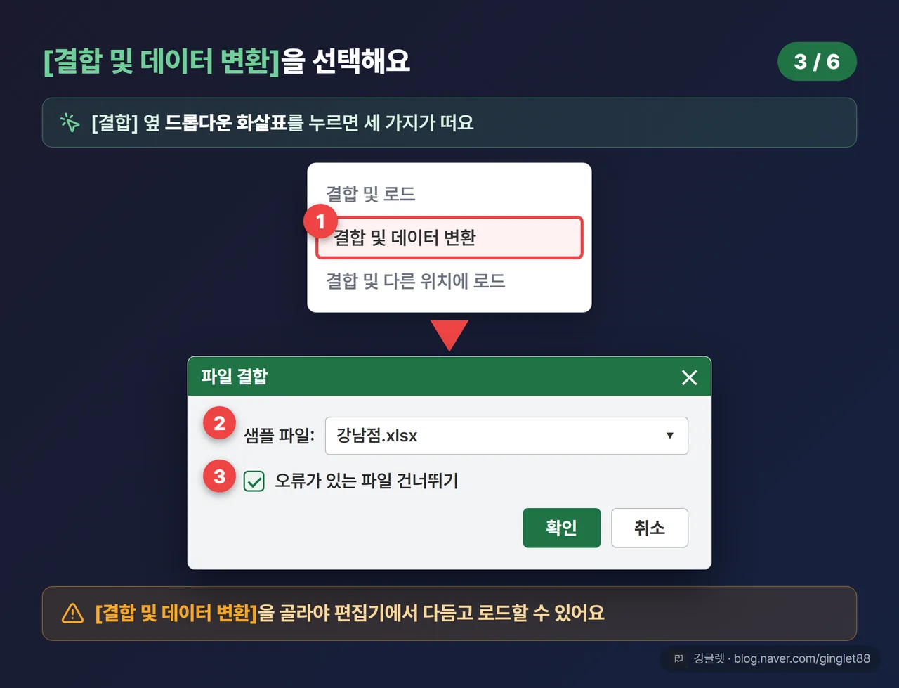 “파일 결합” 대화상자 목업 — 샘플 파일 드롭다운 + 오류가 있는 파일 건너뛰기 체크박스 + ‘결합 및 데이터 변환’ 선택을 강조하는 콜아웃 (따라하기 3/6)