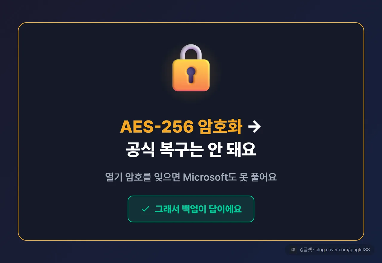 역할=쇼피스 | “AES-256 암호화 → 공식 복구 불가” 히어로 경고 카드. 큰 자물쇠 + “열기 암호를 잊으면 Microsoft도 못 풀어요” 문구 + 하단 “그래서 백업이 답” 한 줄
