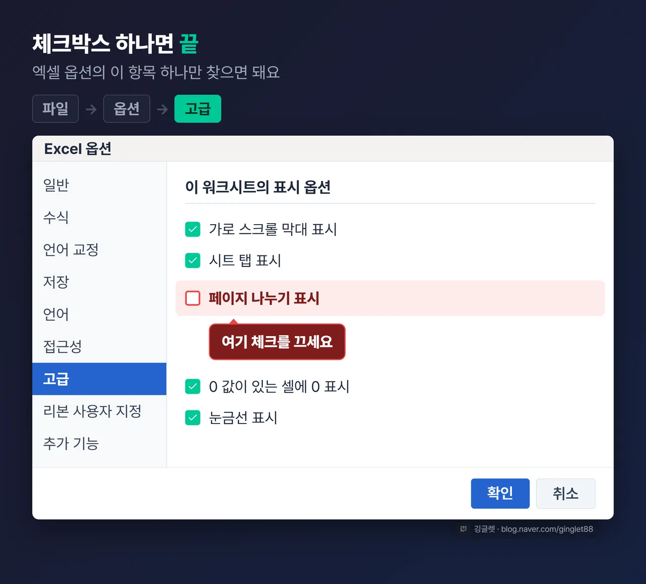 핵심 UI 목업 — Excel 옵션 대화상자의 고급 화면, 페이지 나누기 표시 체크박스와 여기 체크를 끄세요 콜아웃