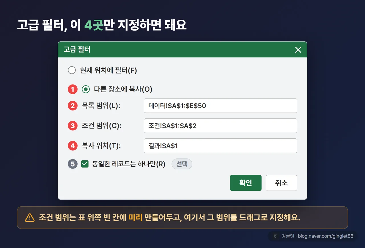 [고급 필터] 대화상자 UI 목업 — 라디오(“현재 위치에 필터”/“다른 장소에 복사”) + 목록 범위/조건 범위/복사 위치 3칸 + “동일한 레코드는 하나만” 체크박스에 각각 콜아웃