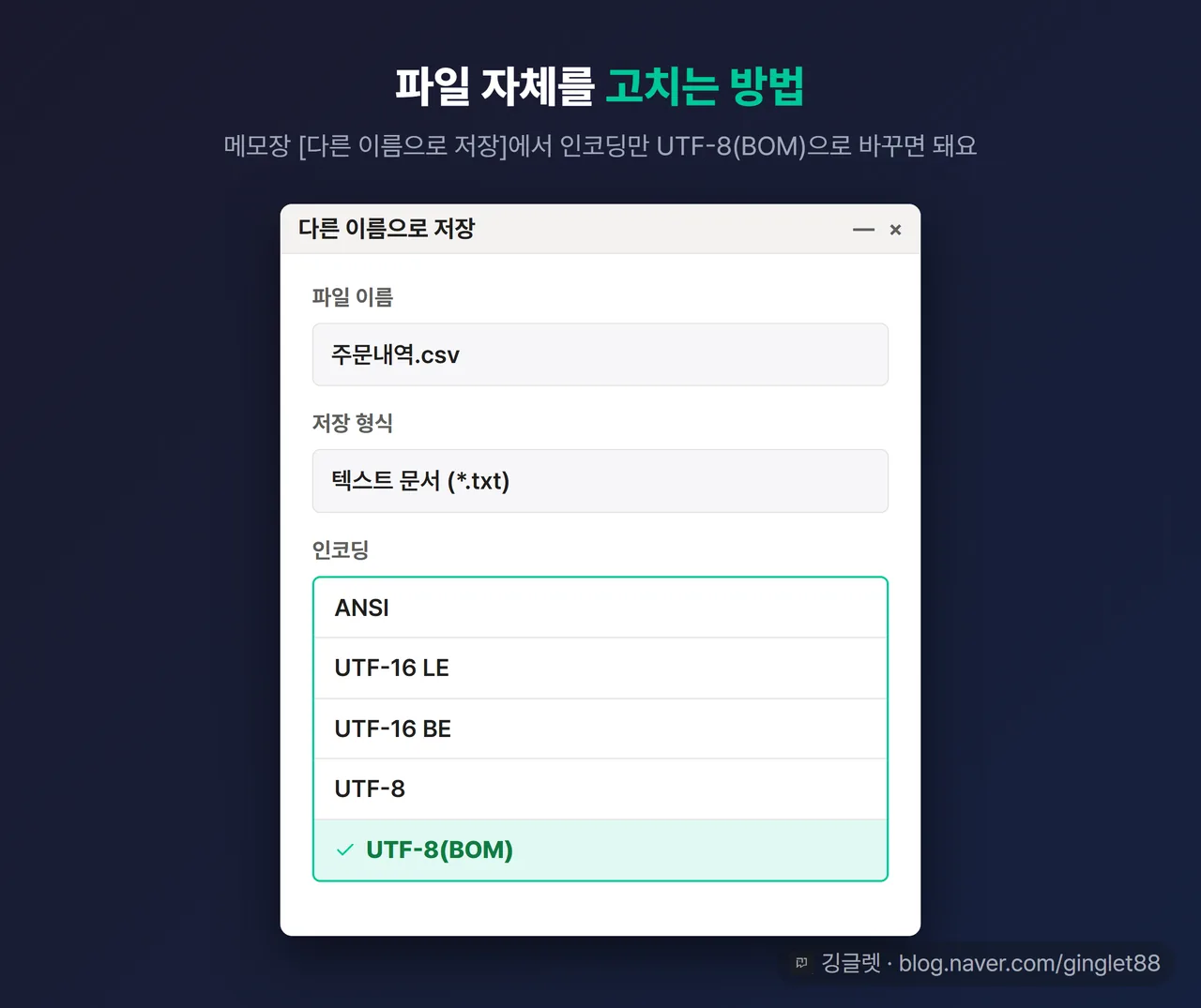 메모장 [다른 이름으로 저장] 대화상자 목업 — 하단 [인코딩] 드롭다운 펼침(ANSI / UTF-16 LE / UTF-16 BE / UTF-8 / UTF-8(BOM)) 중 UTF-8(BOM)에 선택 표시