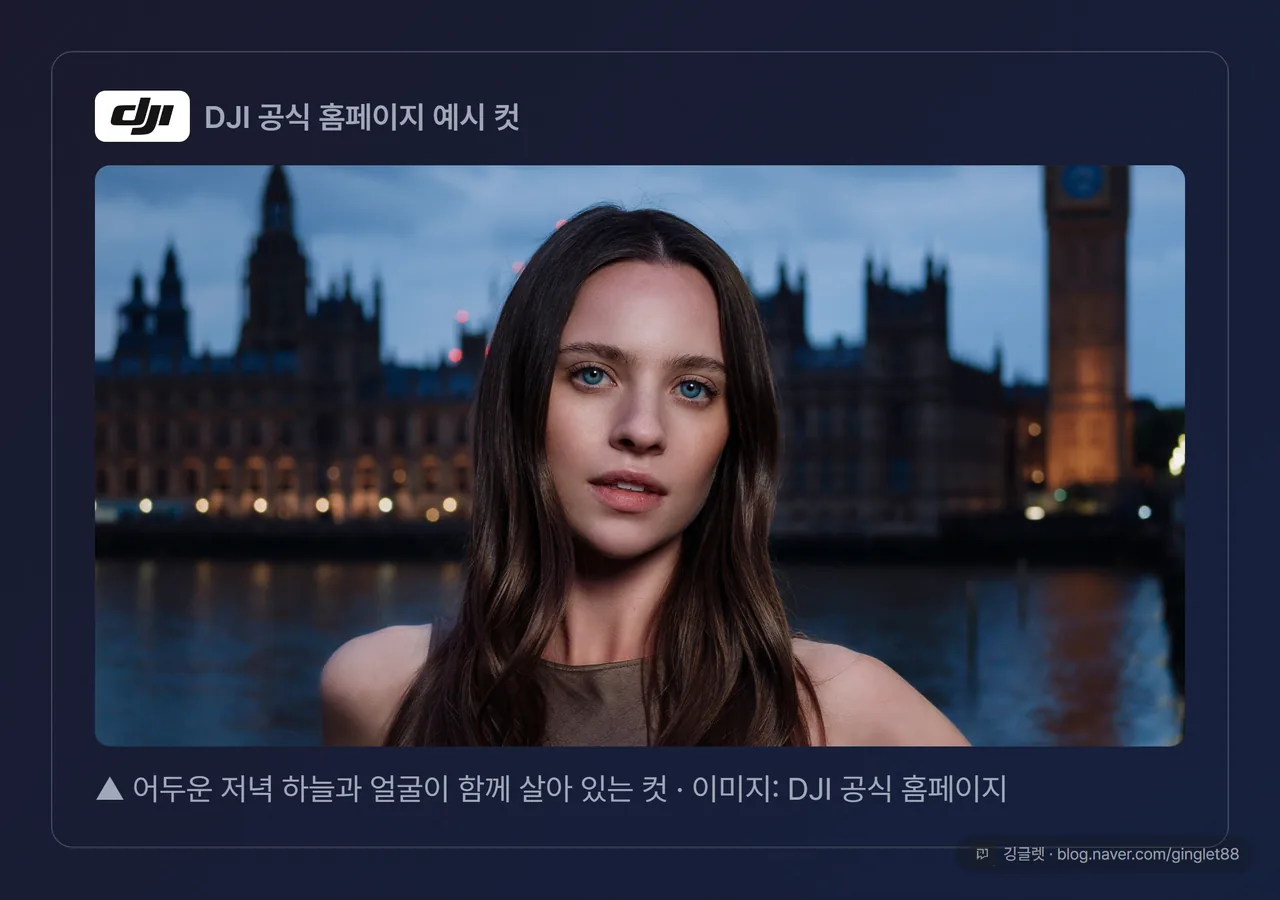 DJI 공식 홈페이지 예시 — 어두운 저녁 하늘과 얼굴이 함께 살아 있는 다이내믹레인지 컷