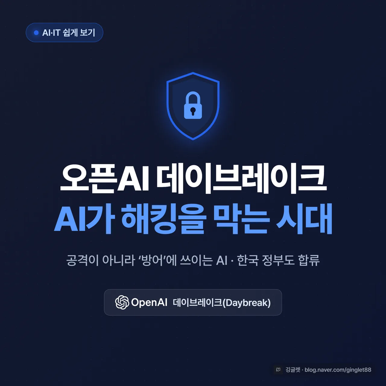 썸네일 - “오픈AI 데이브레이크 / AI가 해킹을 막는 시대” 큰 글씨, 방패 모양 자물쇠 아이콘, 네이비 배경에 청록 포인트