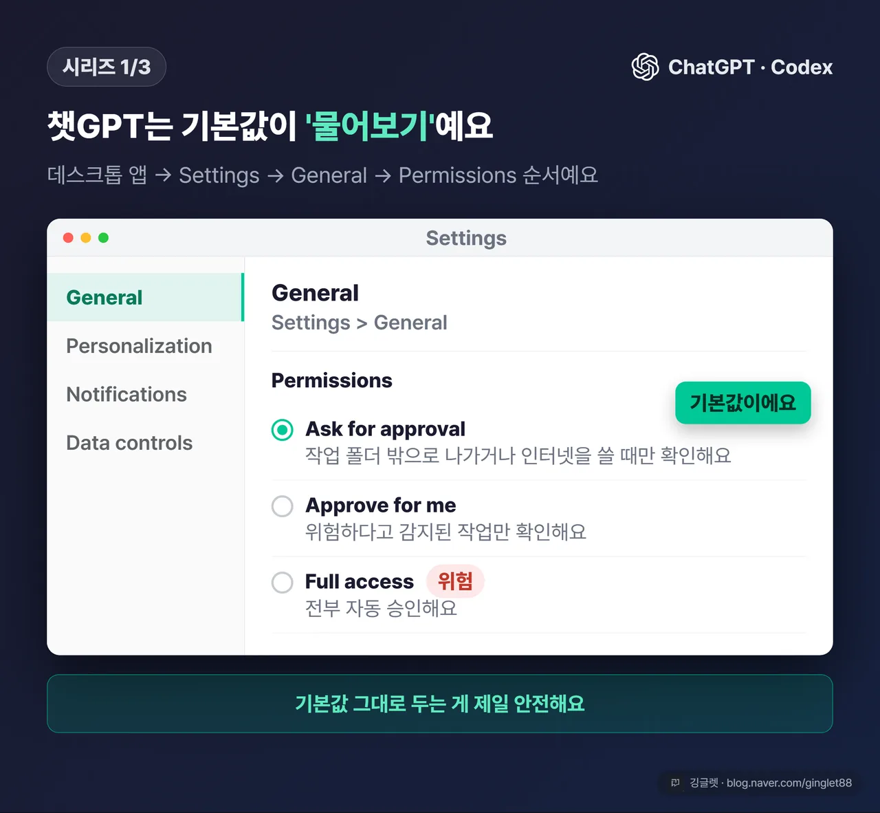 챗GPT 데스크톱 앱 설정 화면 UI 목업(시리즈 1/3) - 좌측 메뉴 Settings > General > Permissions 경로 하이라이트 + 우측 3단계 라디오 버튼(Ask for approval 선택됨) 콜아웃