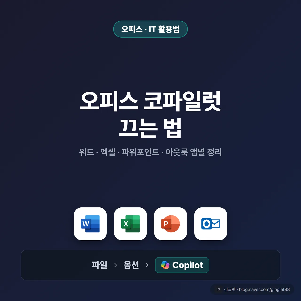 썸네일 - “오피스 코파일럿 끄기” 헤드라인 + 워드·엑셀·파워포인트·아웃룩 아이콘, “파일 > 옵션 > Copilot” 문구를 넣은 다크 목업 카드