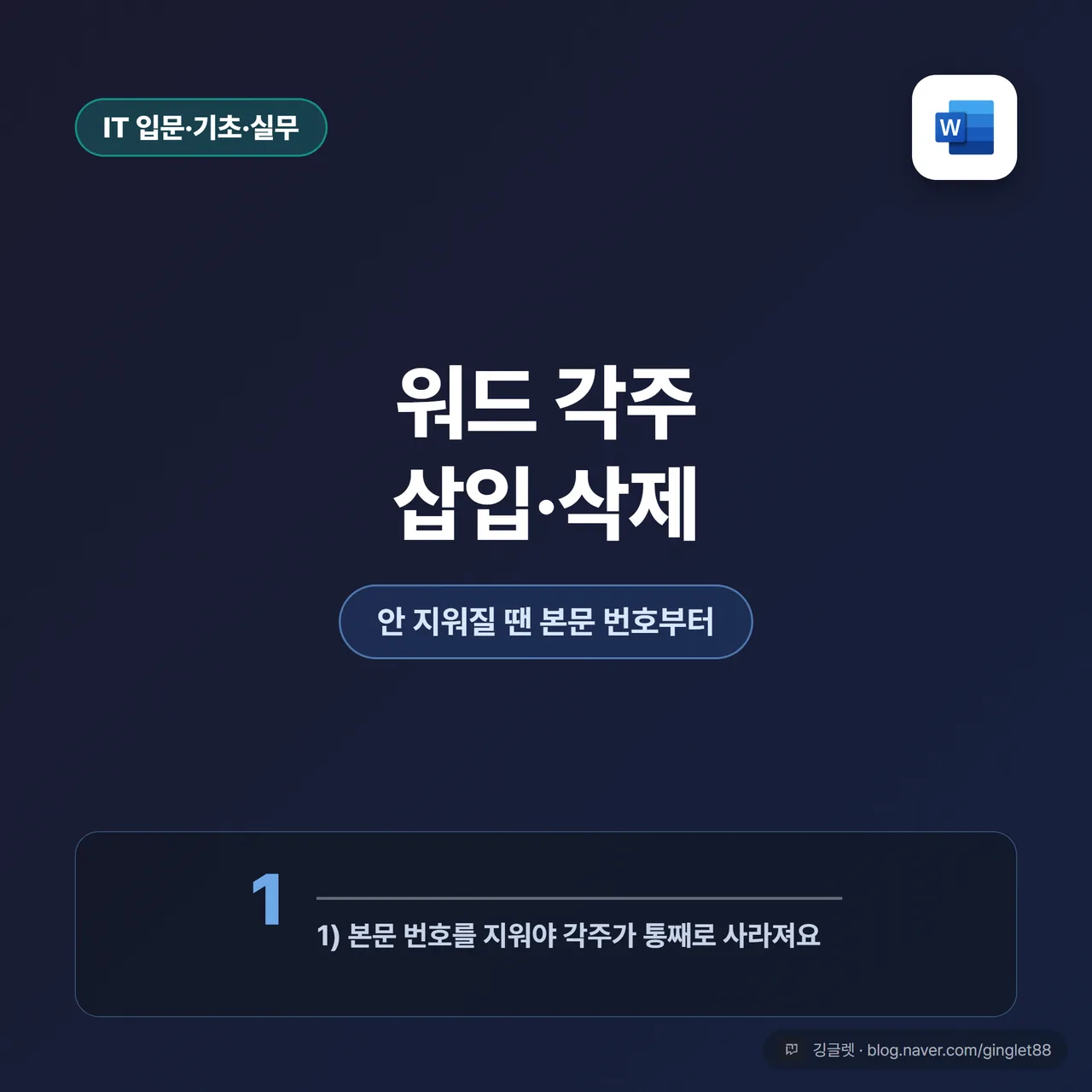 썸네일 - 진한 워드 파랑(#2B579A) 배경에 큰 흰 글씨로 “워드 각주 삽입·삭제”, 아래 작은 칩으로 “안 지워질 땐 본문 번호부터”. 우측에 각주 위첨자 번호(¹)와 페이지 하단 각주 줄을 단순화한 아이콘. 모바일 축소에도 제목 글자가 크게 읽히게