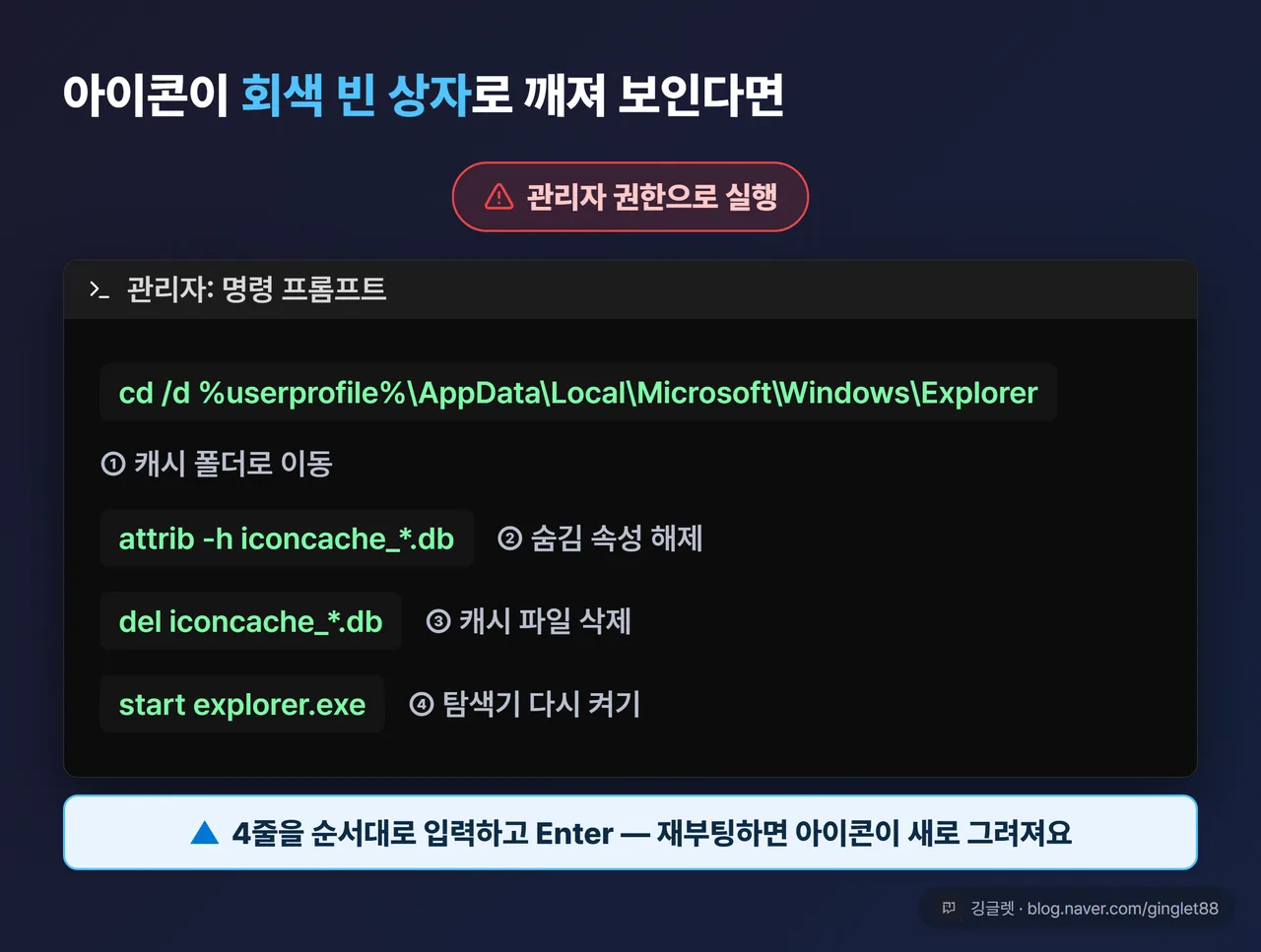 아이콘 캐시 삭제 명령 4줄 - 관리자 권한 명령 프롬프트