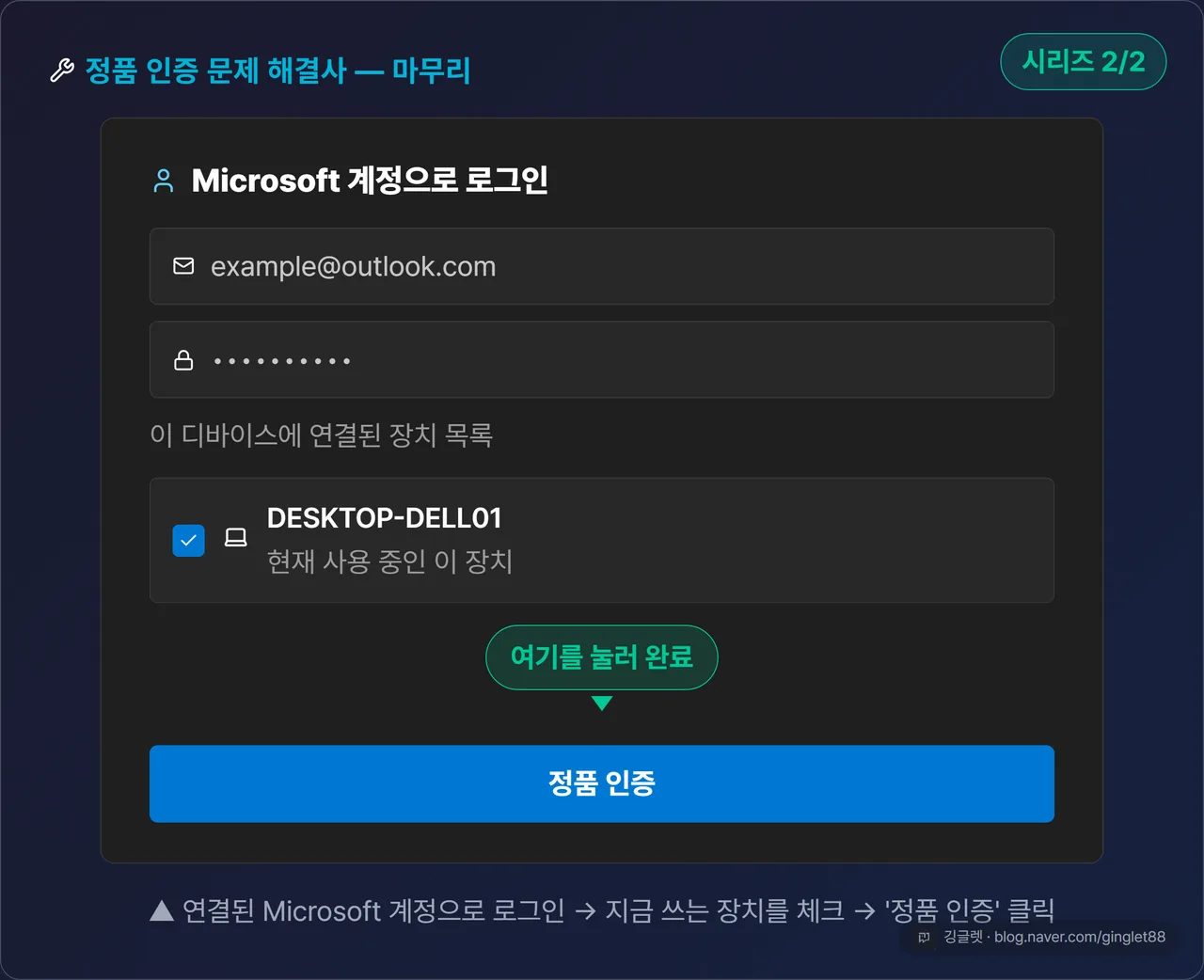 역할=흐름 | 문제 해결사 후반 목업 (시리즈 2/2). Microsoft 계정 로그인 → 장치 목록 체크박스 → ‘정품 인증’ 버튼에 콜아웃